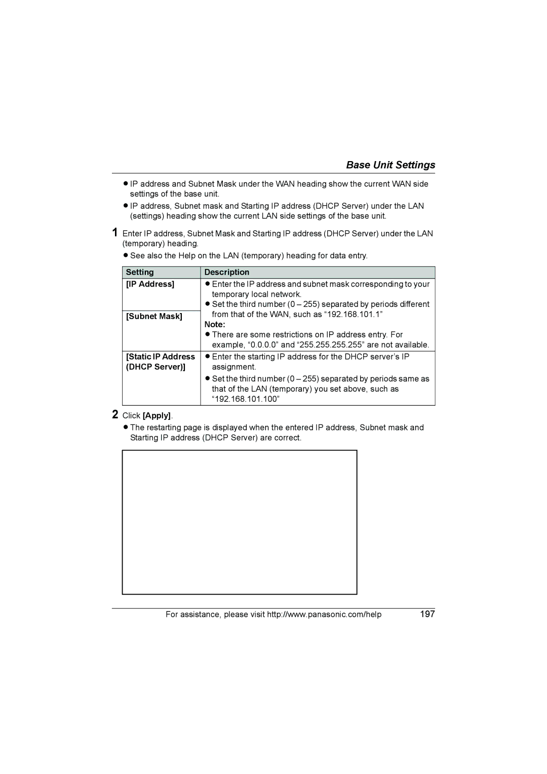 Panasonic KX WP1050 operating instructions Setting Description IP Address, Static IP Address 