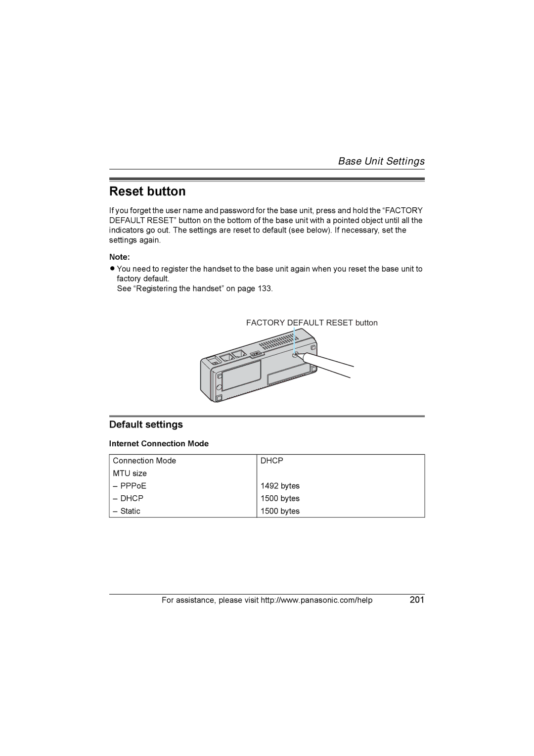 Panasonic KX WP1050 operating instructions Reset button, Default settings, Internet Connection Mode 