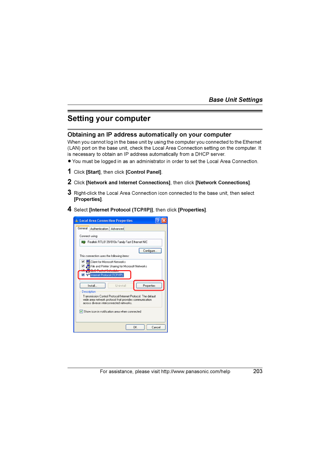 Panasonic KX WP1050 operating instructions Setting your computer, Obtaining an IP address automatically on your computer 