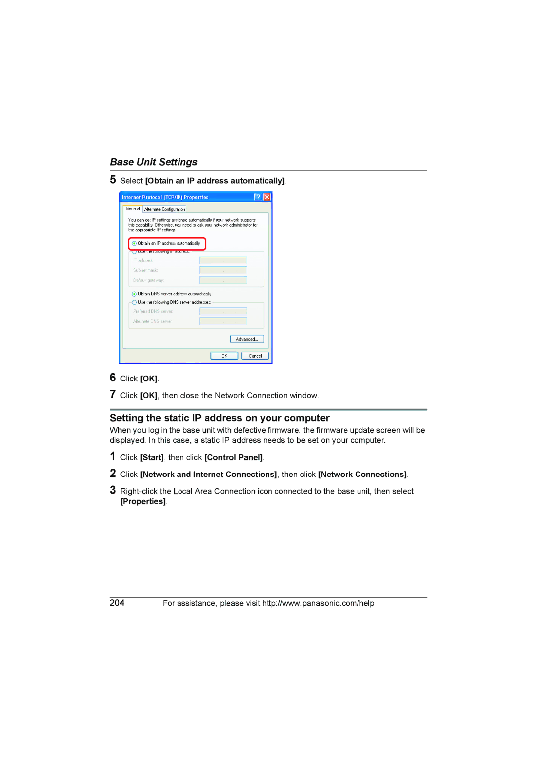 Panasonic KX WP1050 Setting the static IP address on your computer, Select Obtain an IP address automatically 