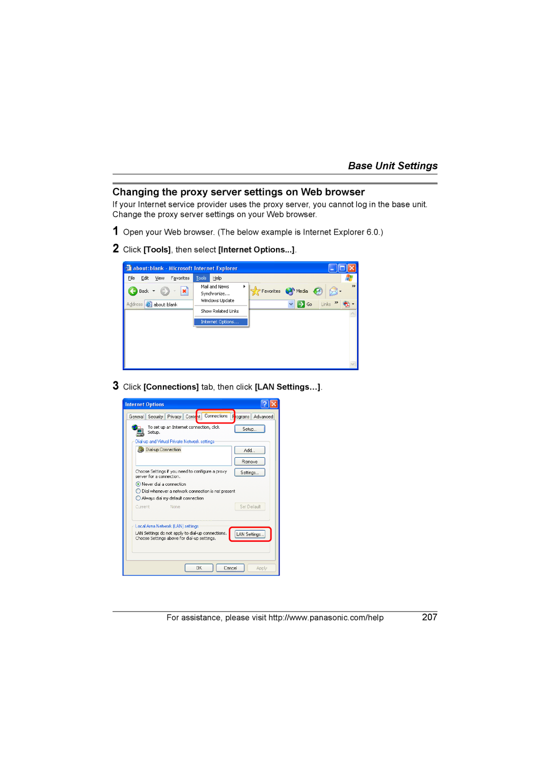 Panasonic KX WP1050 operating instructions Changing the proxy server settings on Web browser 