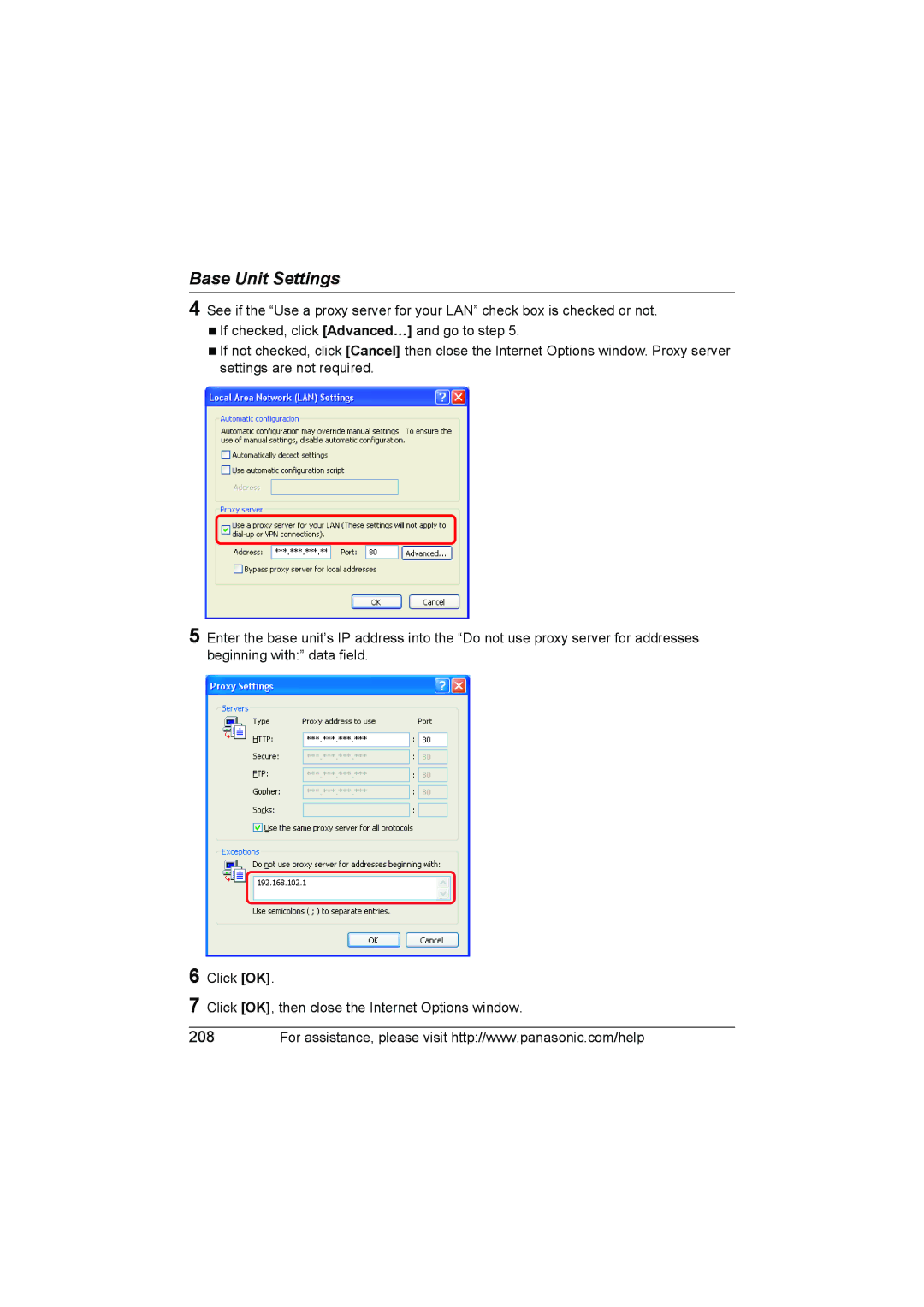 Panasonic KX WP1050 operating instructions Click OK Click OK, then close the Internet Options window 