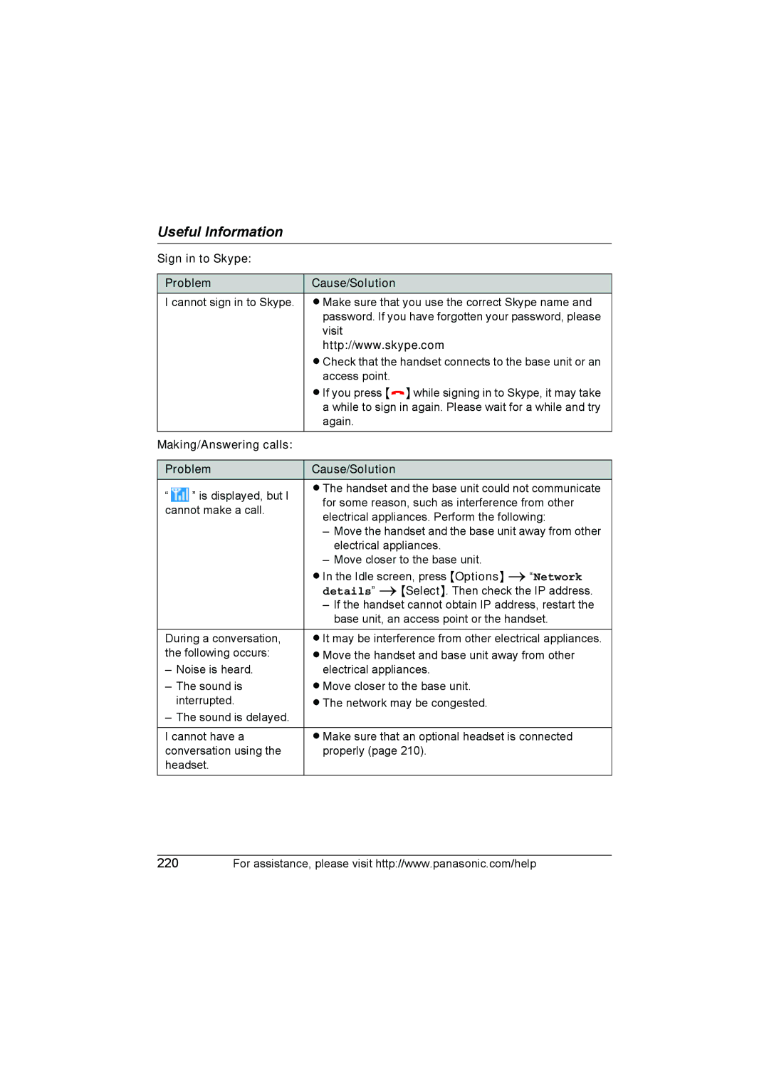 Panasonic KX WP1050 Sign in to Skype Problem Cause/Solution, Making/Answering calls Problem Cause/Solution 