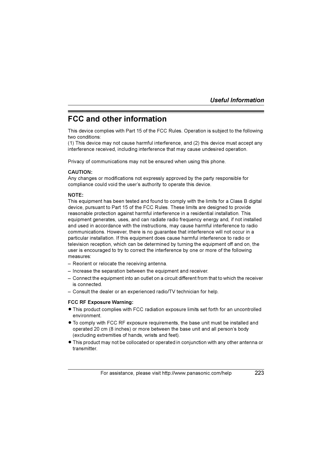 Panasonic KX WP1050 operating instructions FCC and other information, FCC RF Exposure Warning 