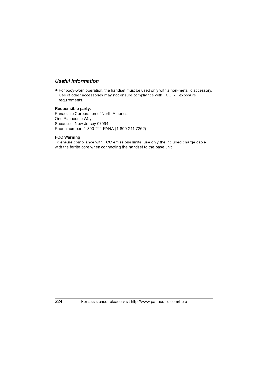 Panasonic KX WP1050 operating instructions Responsible party, FCC Warning 