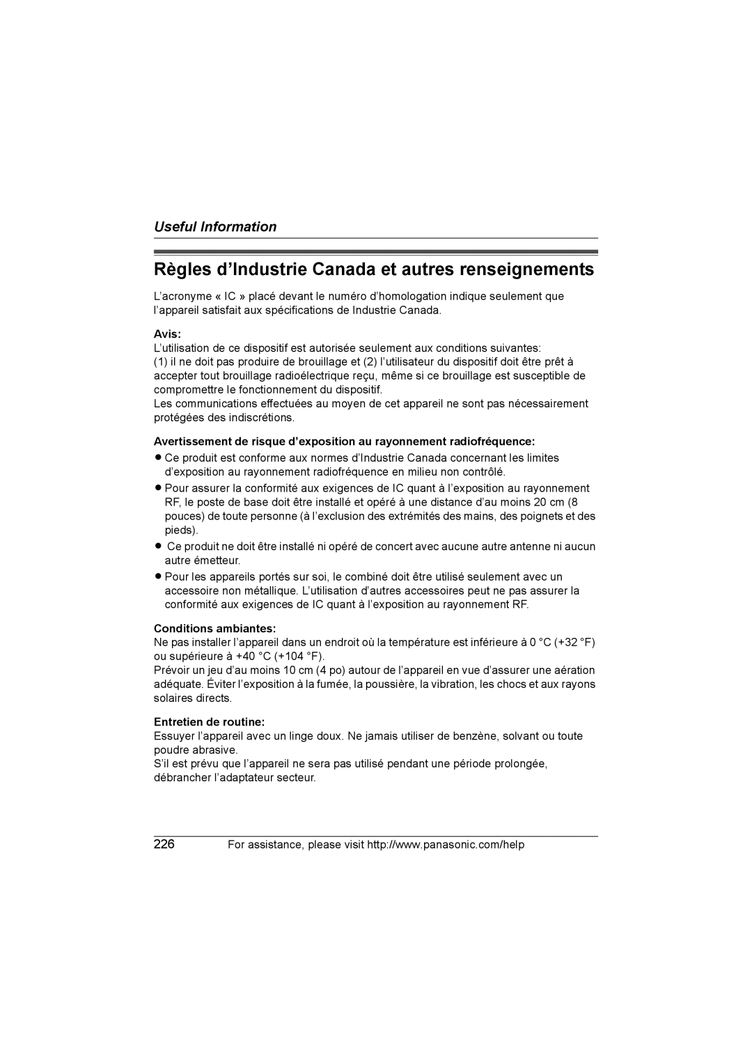 Panasonic KX WP1050 Règles d’Industrie Canada et autres renseignements, Avis, Conditions ambiantes, Entretien de routine 