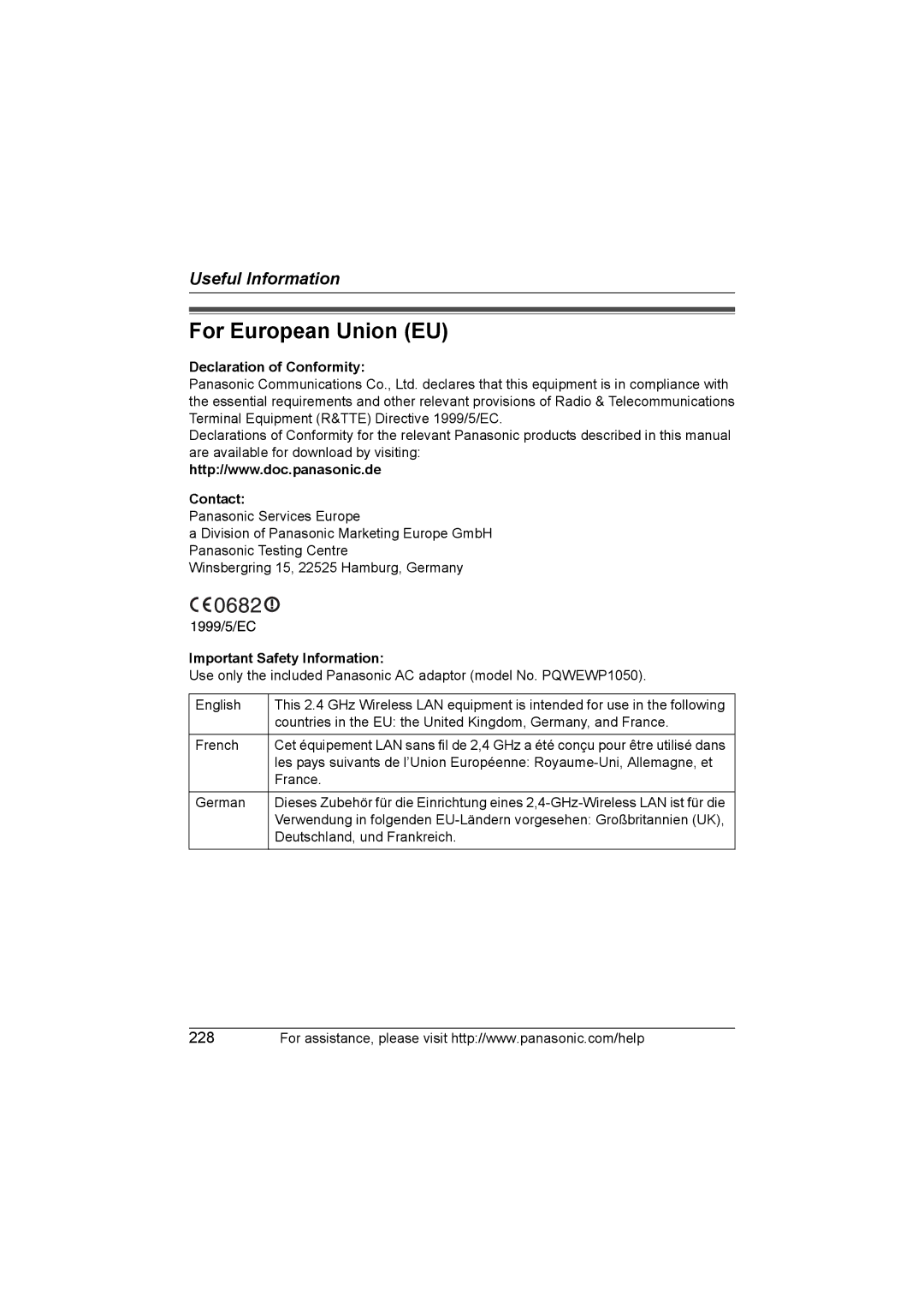 Panasonic KX WP1050 For European Union EU, Declaration of Conformity, Contact, Important Safety Information 