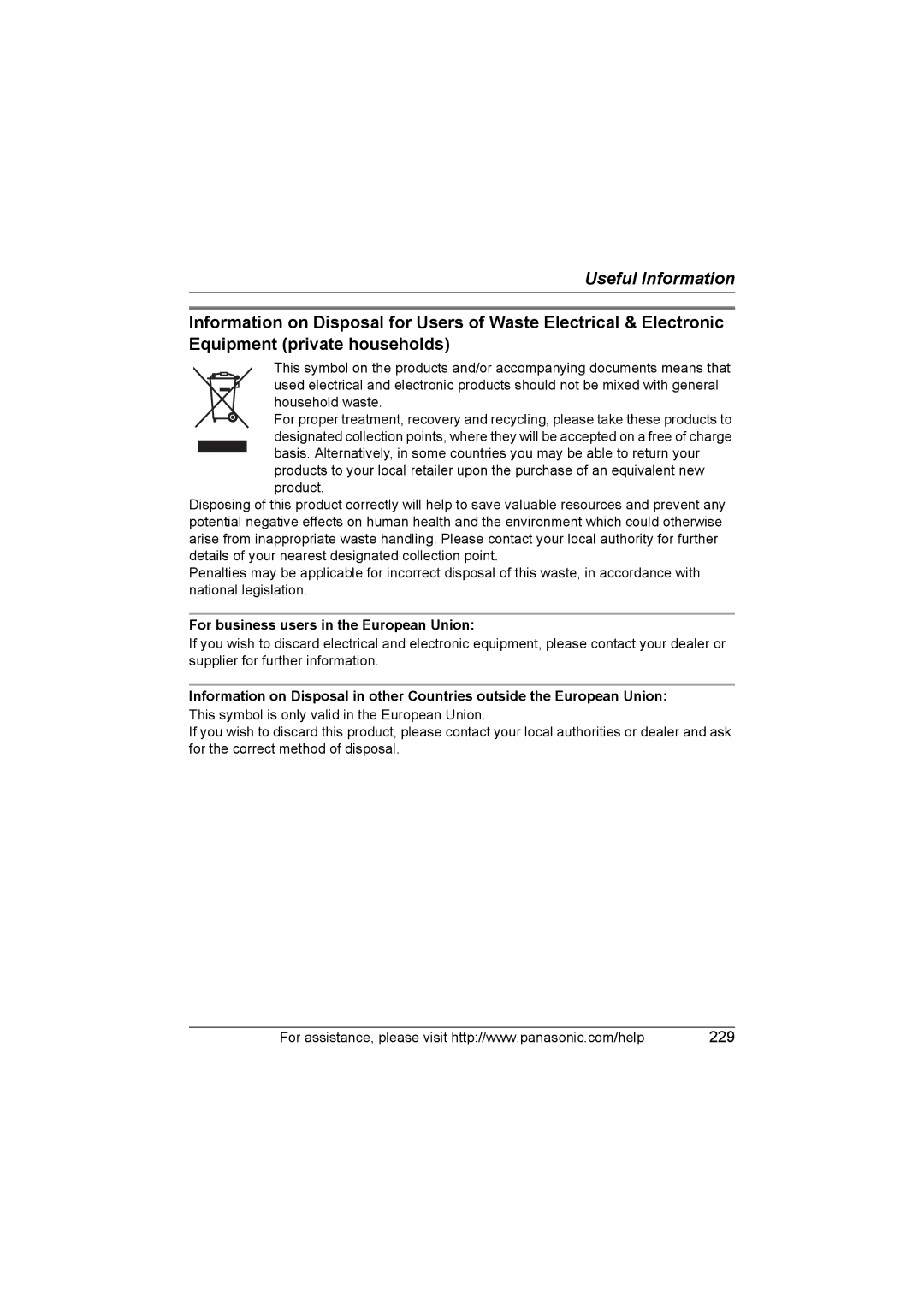 Panasonic KX WP1050 operating instructions Household waste, For business users in the European Union 