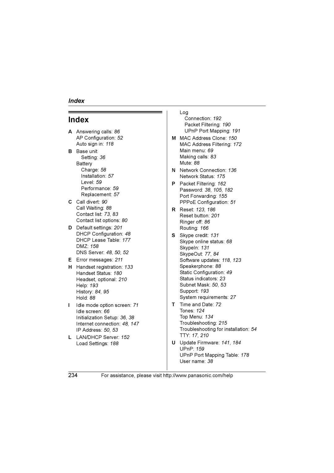 Panasonic KX WP1050 operating instructions Index 