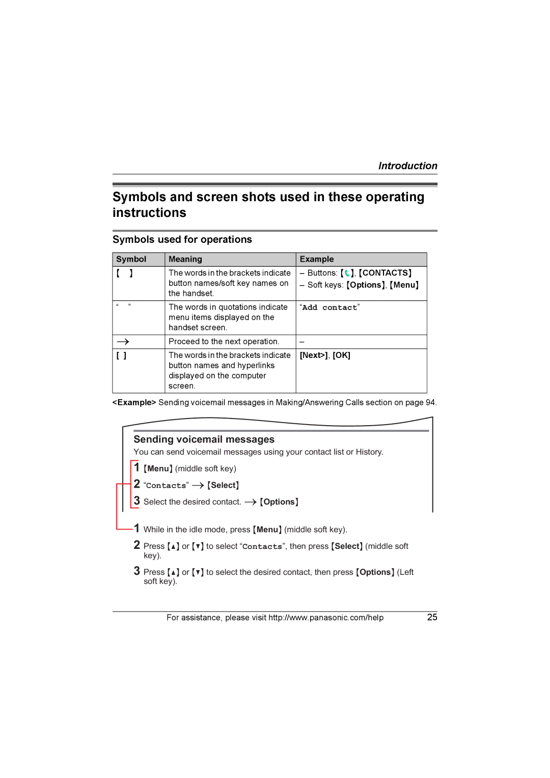 Panasonic KX WP1050 Symbols used for operations, Sending voicemail messages, Add contact, Contacts iSelect 