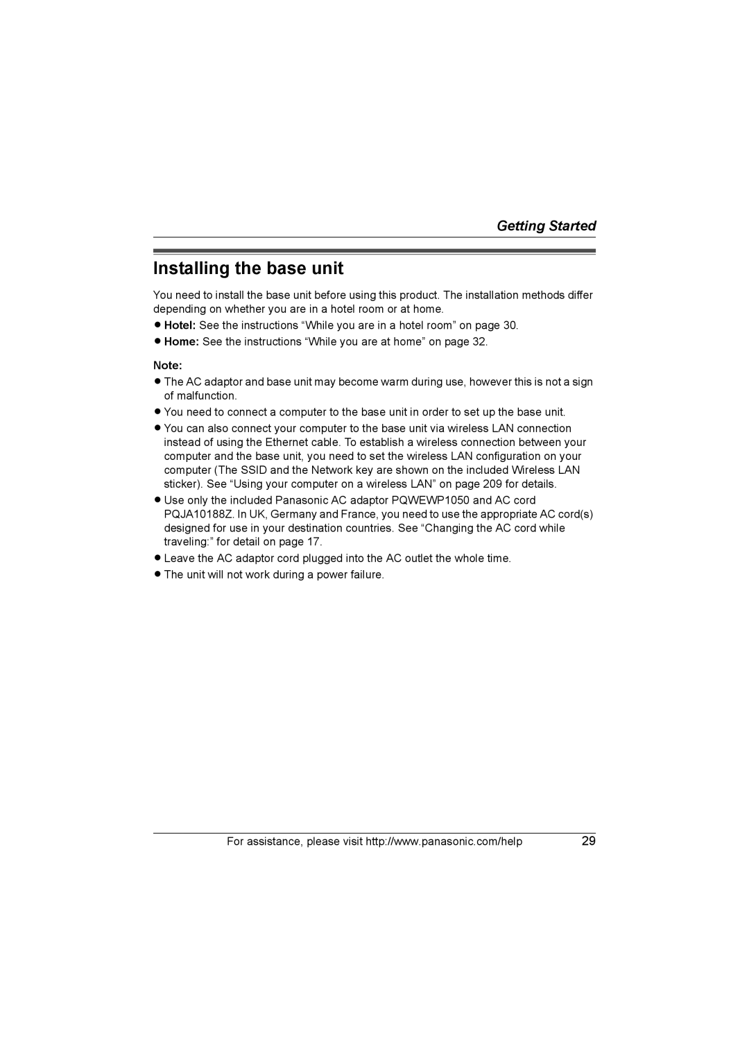 Panasonic KX WP1050 operating instructions Installing the base unit 