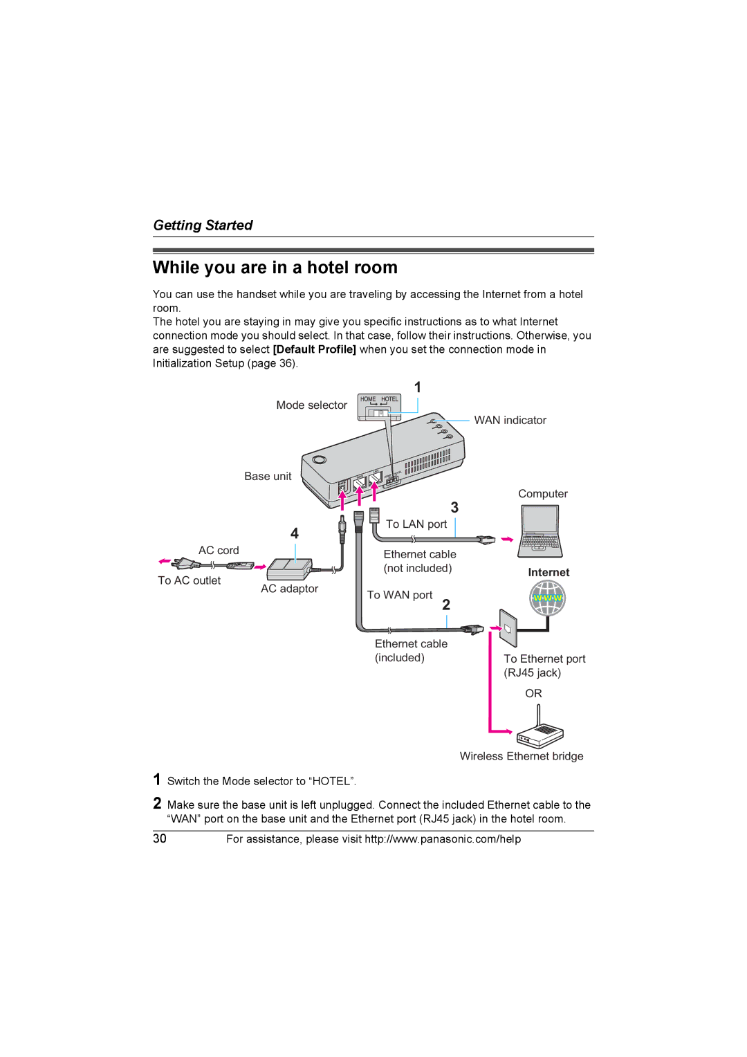 Panasonic KX WP1050 operating instructions While you are in a hotel room, Internet 