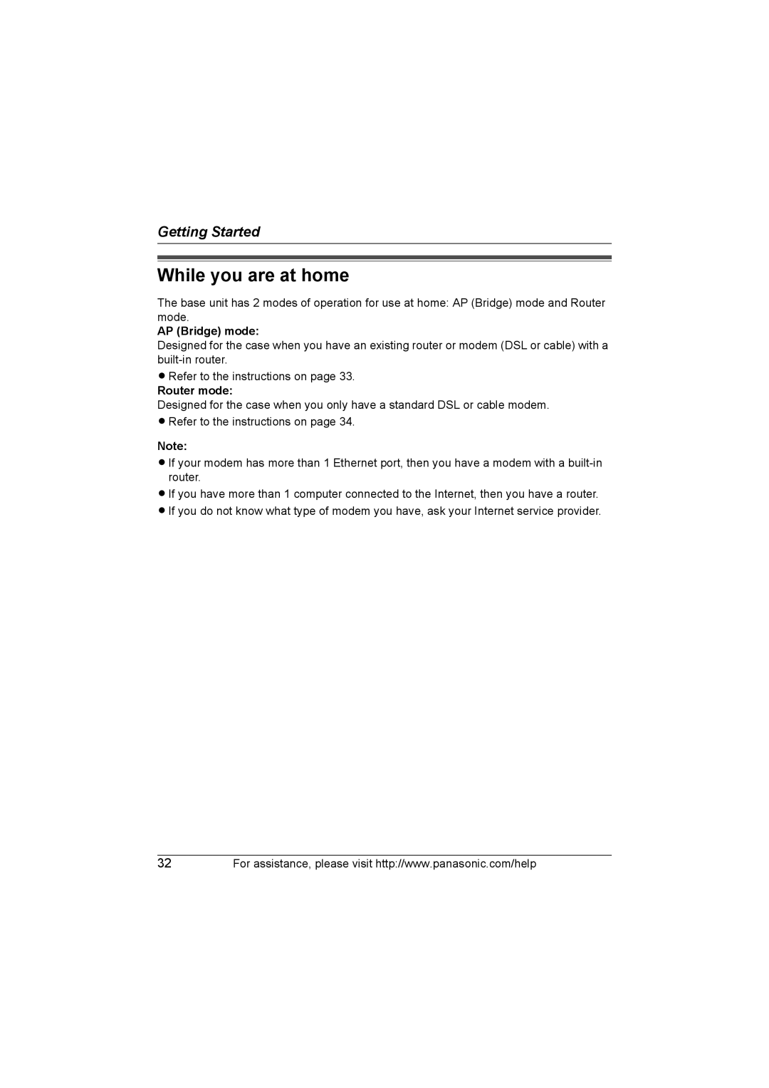 Panasonic KX WP1050 operating instructions While you are at home, AP Bridge mode, Router mode 