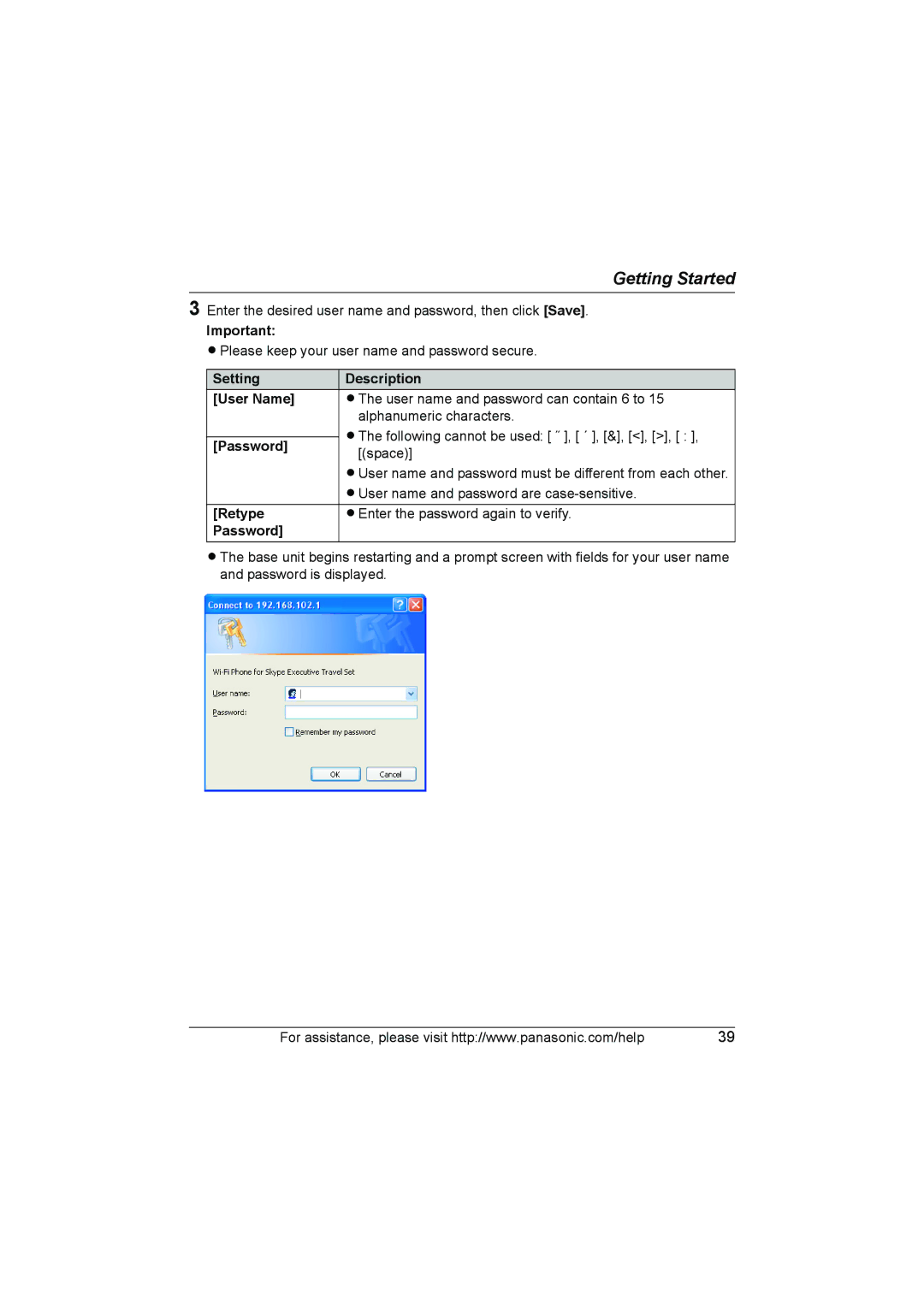 Panasonic KX WP1050 operating instructions Setting Description User Name, Password, Retype 