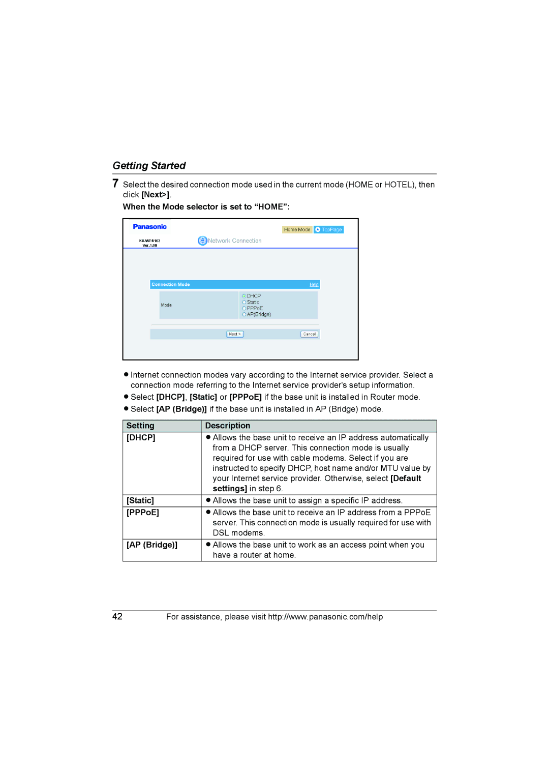 Panasonic KX WP1050 When the Mode selector is set to Home, Setting Description, Settings in step, Static, PPPoE, AP Bridge 