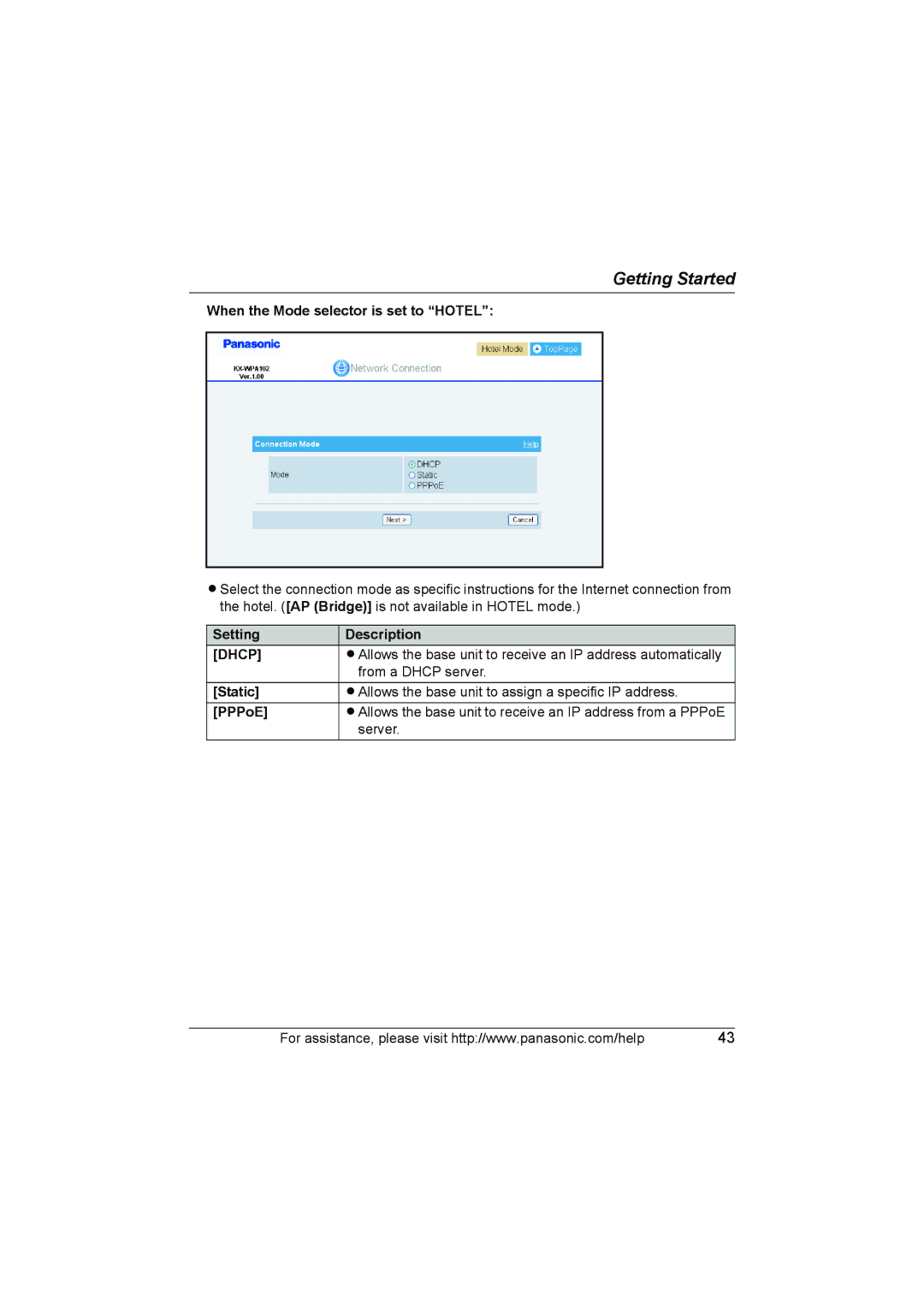 Panasonic KX WP1050 operating instructions When the Mode selector is set to Hotel 