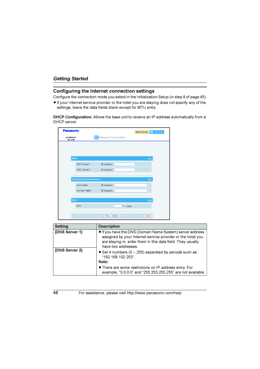 Panasonic KX WP1050 operating instructions Configuring the Internet connection settings, Setting Description DNS Server 