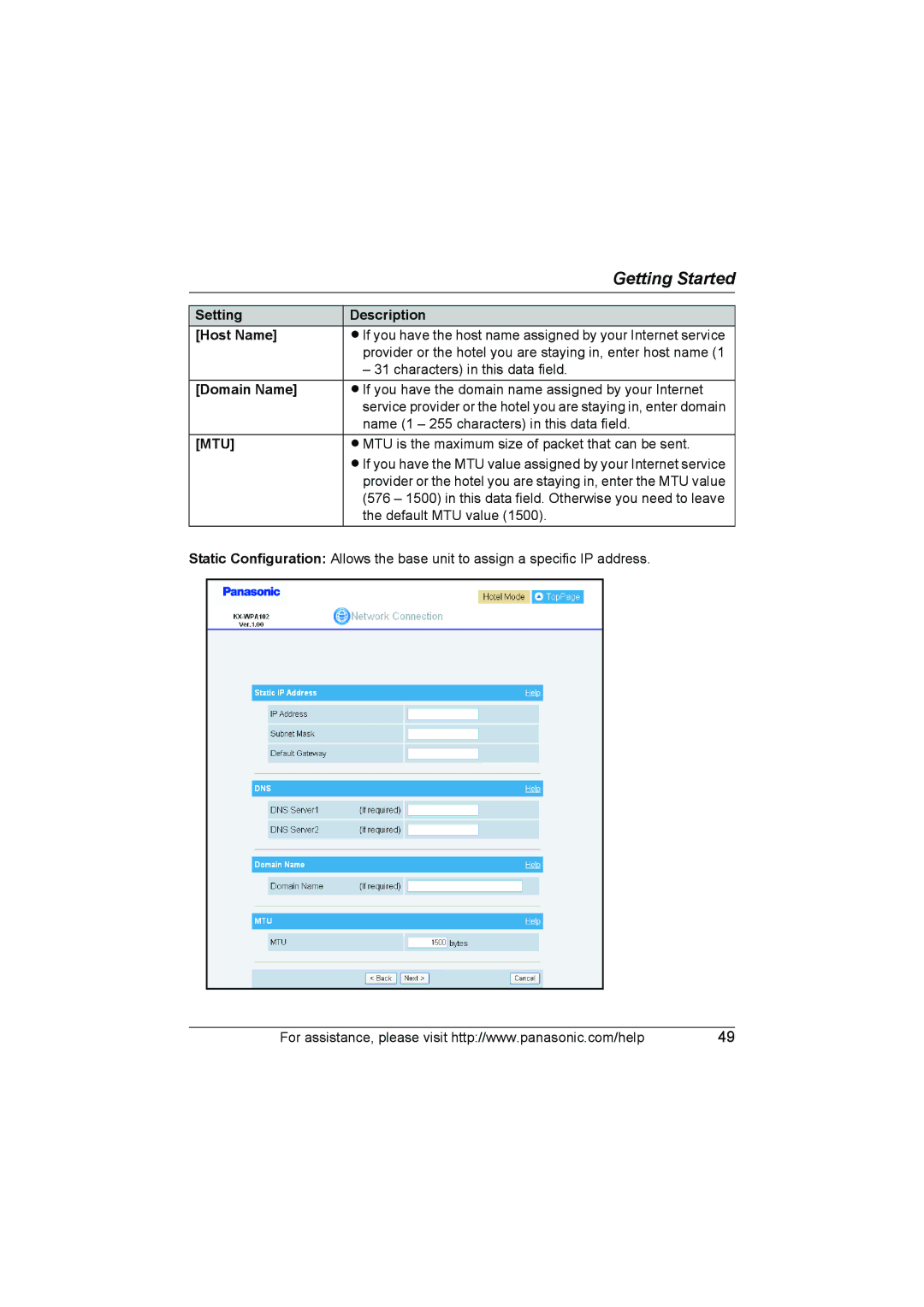 Panasonic KX WP1050 operating instructions Setting Description Host Name, Domain Name 