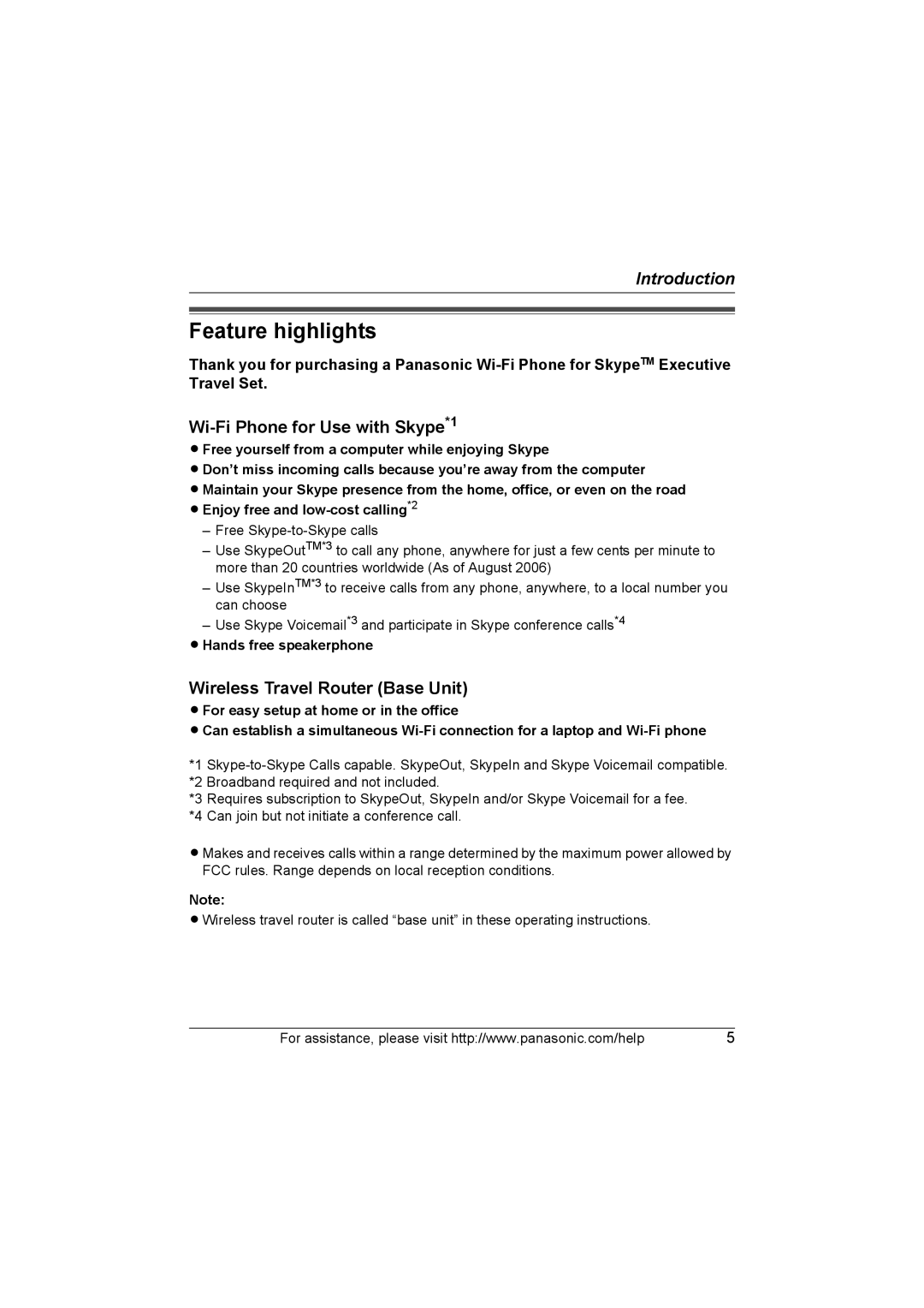 Panasonic KX WP1050 Feature highlights, Wi-Fi Phone for Use with Skype*1, Wireless Travel Router Base Unit 