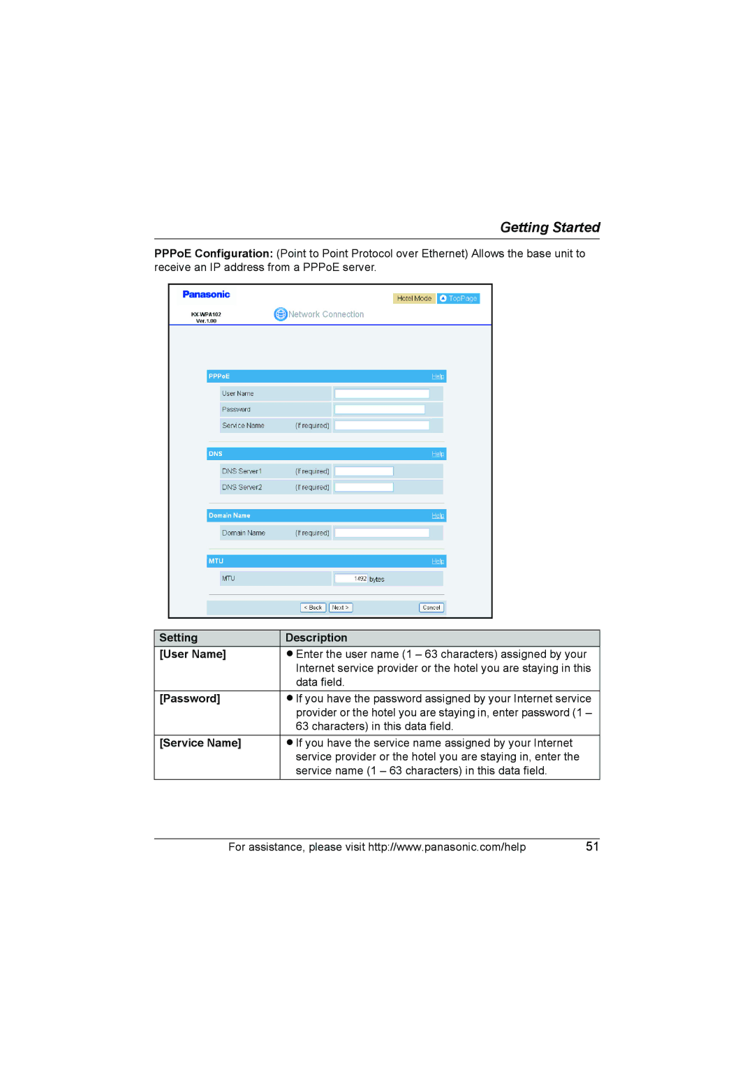 Panasonic KX WP1050 operating instructions Setting Description User Name, Service Name 