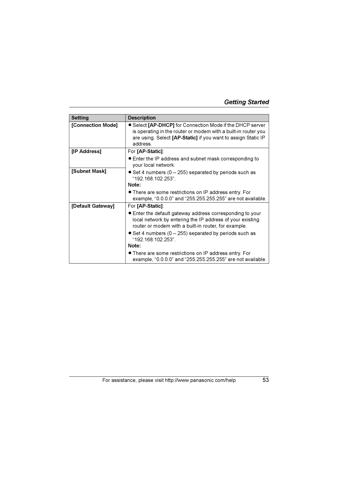 Panasonic KX WP1050 Setting Description Connection Mode, IP Address For AP-Static, Default Gateway For AP-Static 