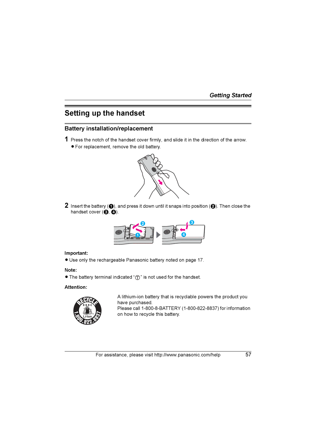 Panasonic KX WP1050 operating instructions Setting up the handset, Battery installation/replacement 