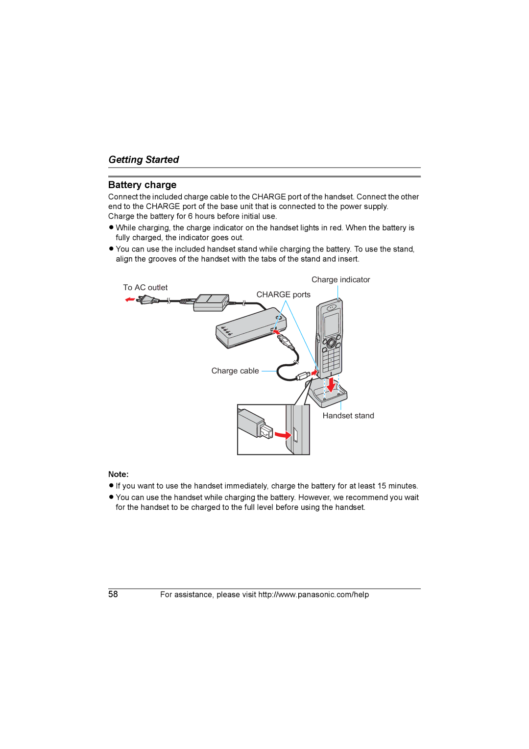 Panasonic KX WP1050 operating instructions Battery charge 