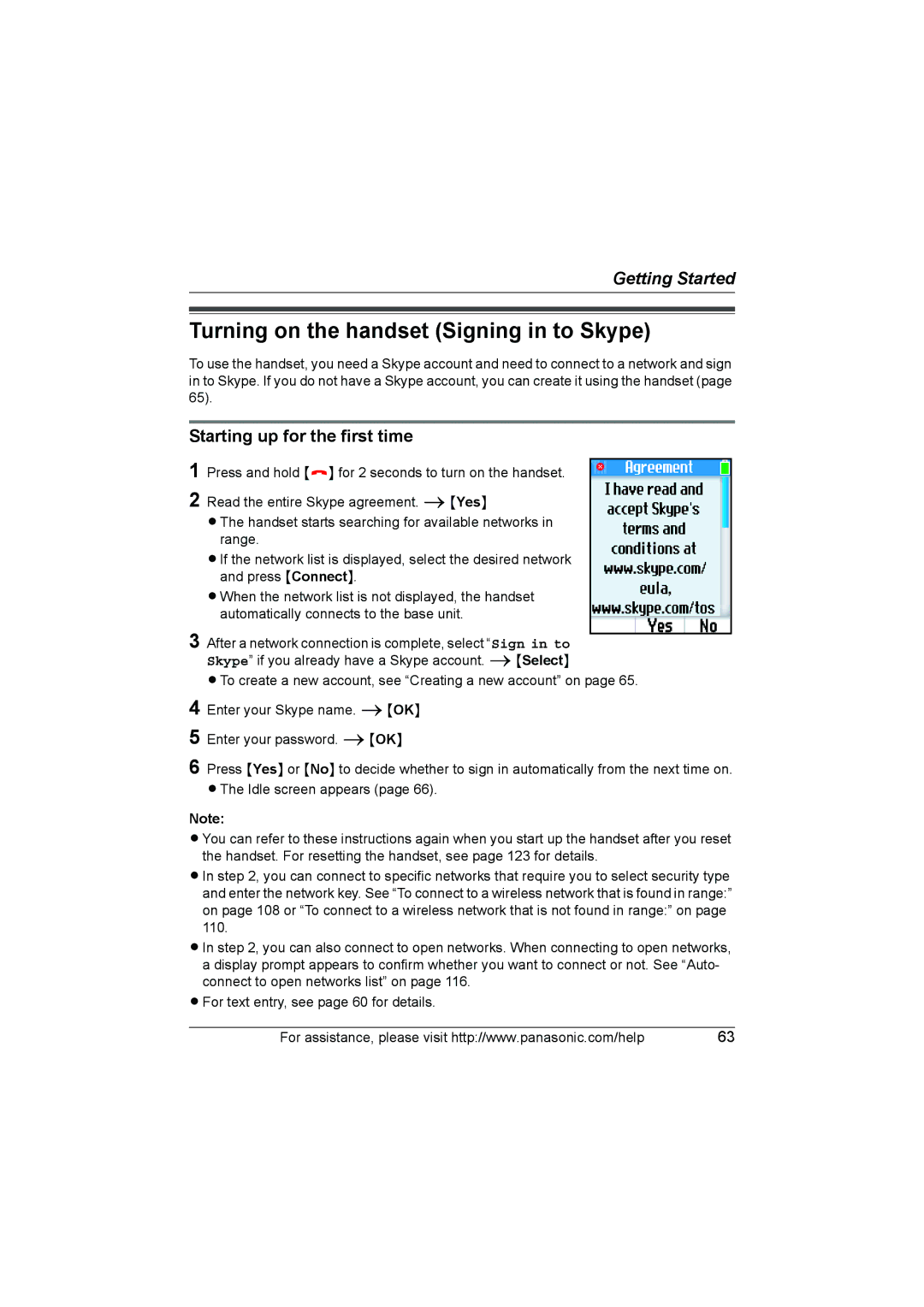 Panasonic KX WP1050 operating instructions Turning on the handset Signing in to Skype, Starting up for the first time 