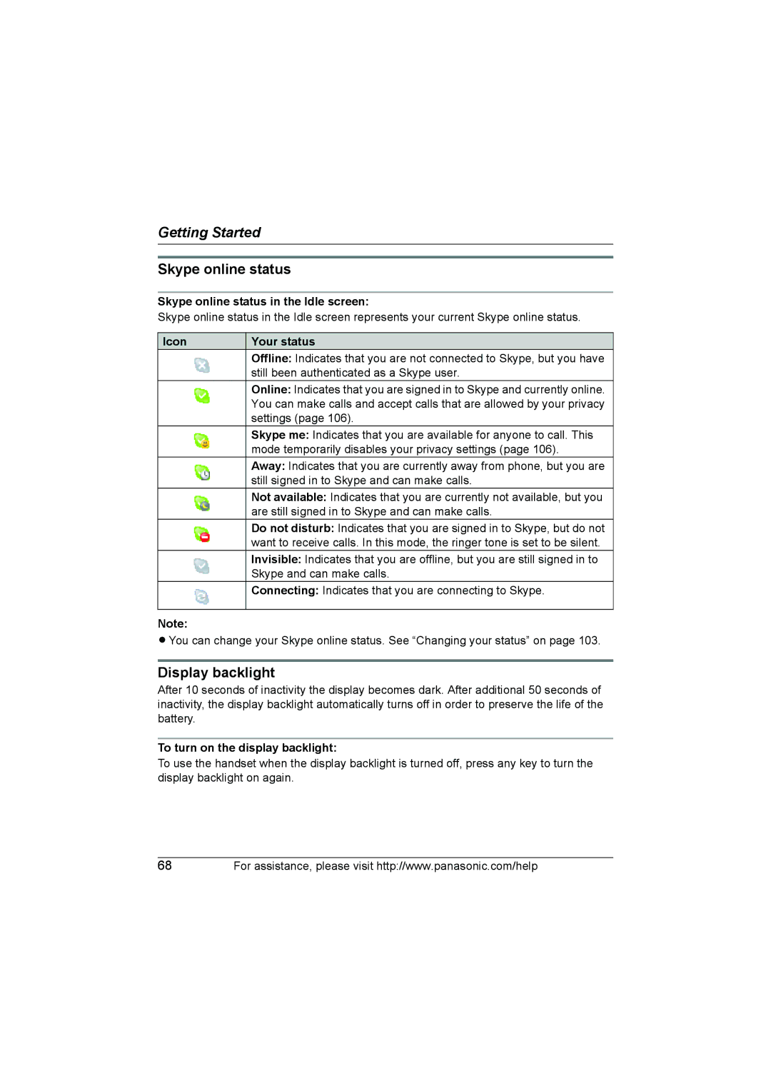 Panasonic KX WP1050 operating instructions Display backlight, Skype online status in the Idle screen, Icon Your status 