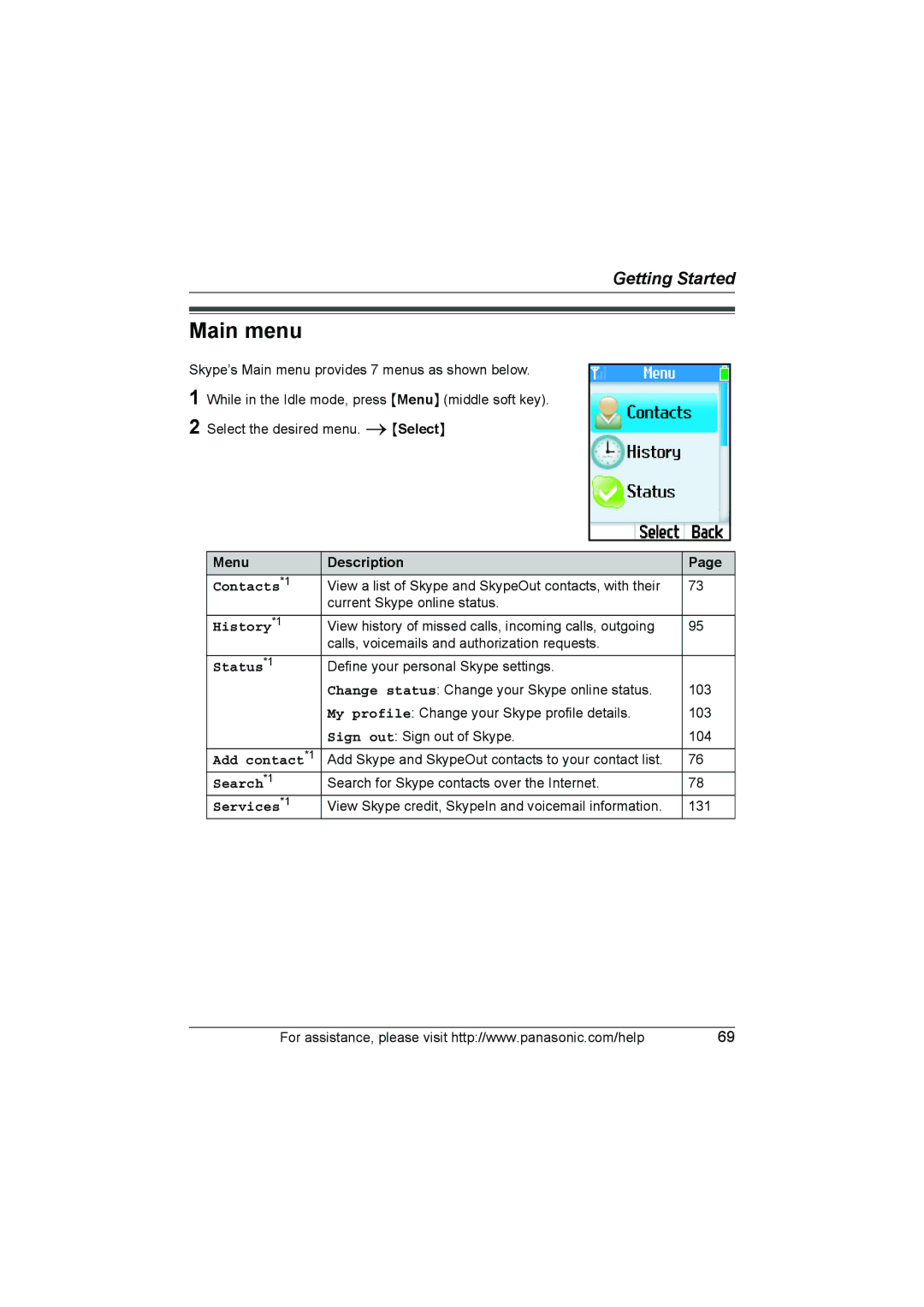 Panasonic KX WP1050 operating instructions Main menu 