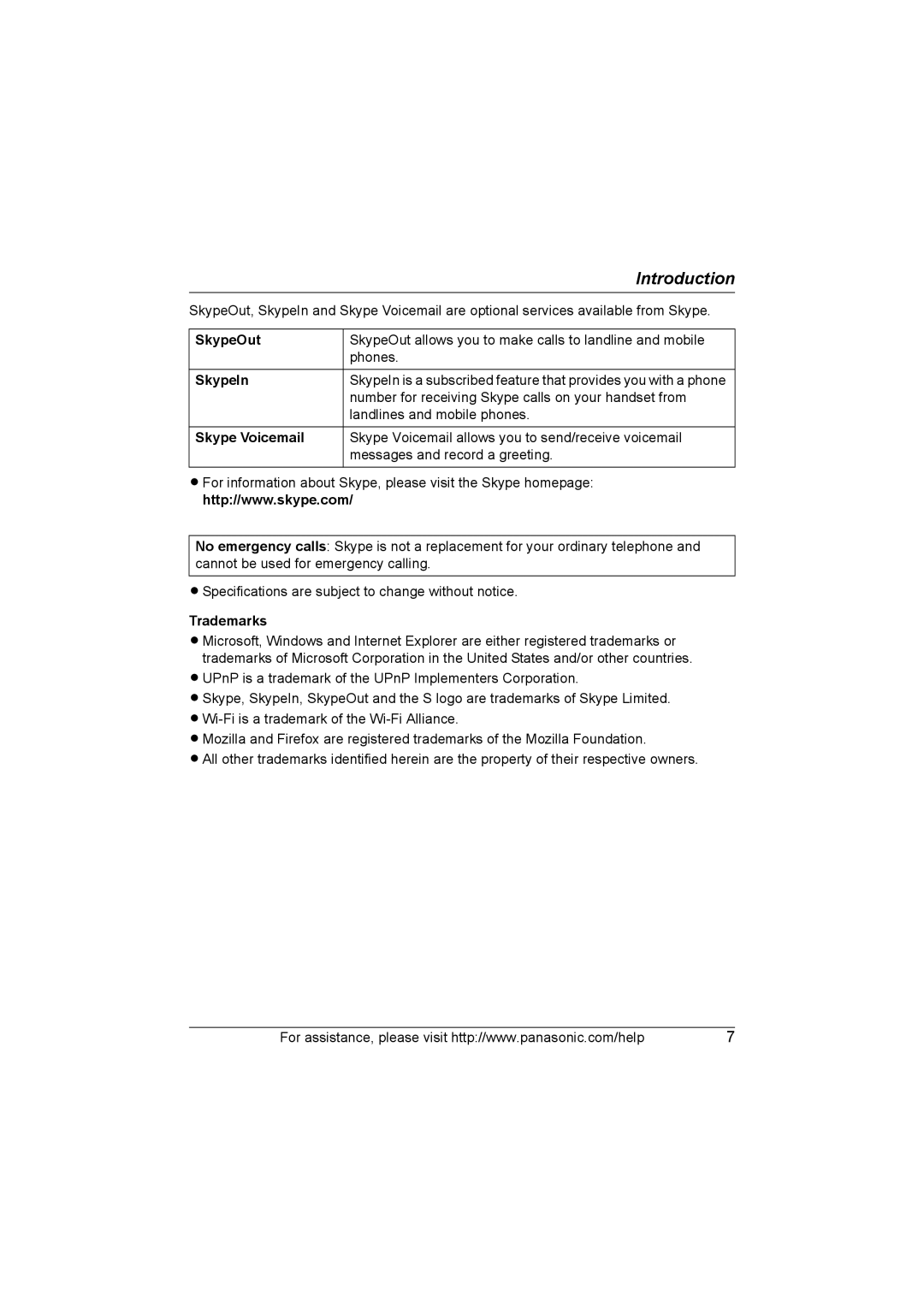 Panasonic KX WP1050 operating instructions SkypeOut, SkypeIn, Skype Voicemail, Trademarks 