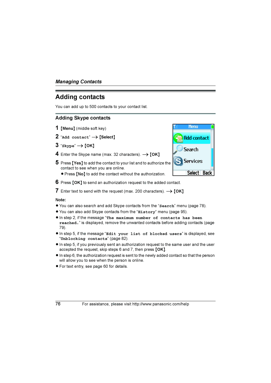 Panasonic KX WP1050 operating instructions Adding contacts, Adding Skype contacts 