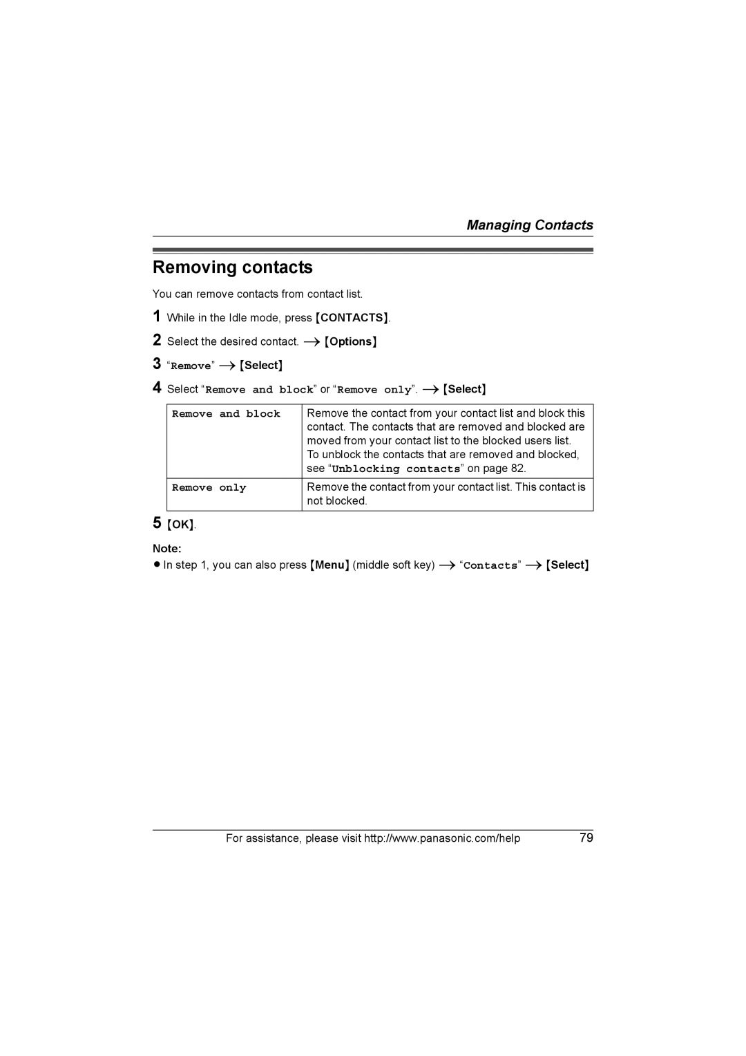 Panasonic KX WP1050 operating instructions Removing contacts, See Unblocking contacts on, Remove only 