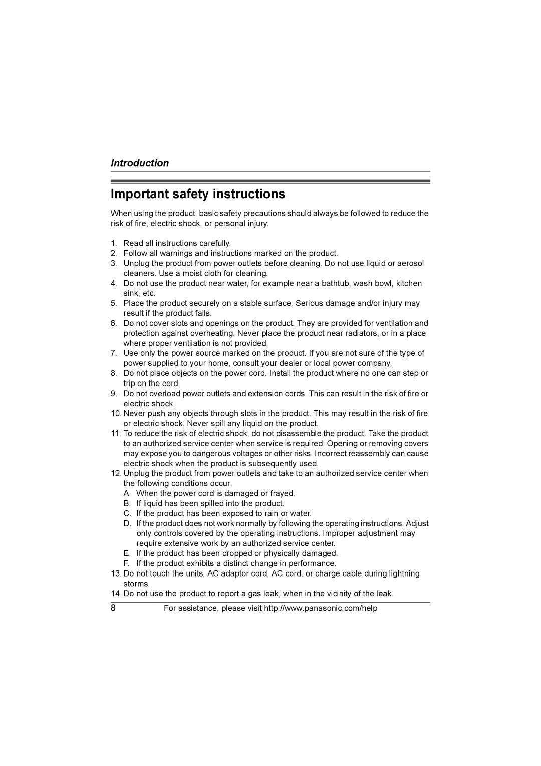 Panasonic KX WP1050 operating instructions Important safety instructions 