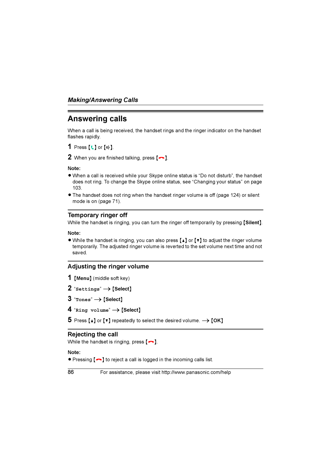 Panasonic KX WP1050 Answering calls, Temporary ringer off, Adjusting the ringer volume, Rejecting the call 