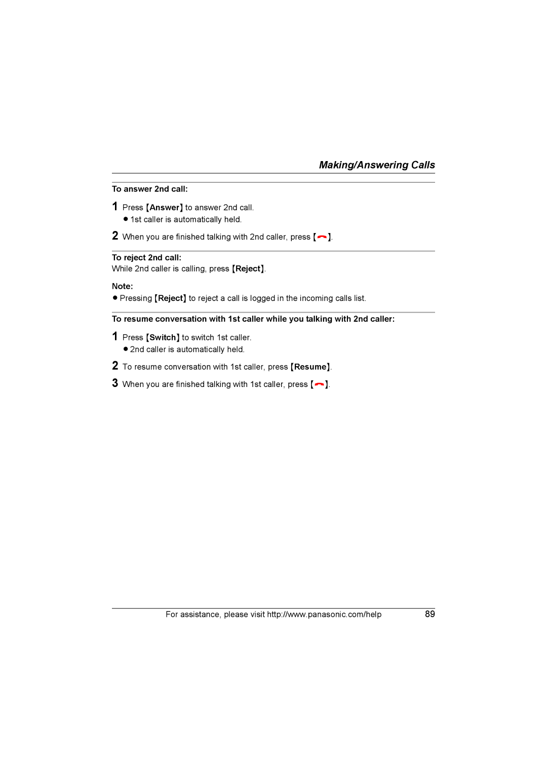 Panasonic KX WP1050 operating instructions To answer 2nd call, To reject 2nd call 