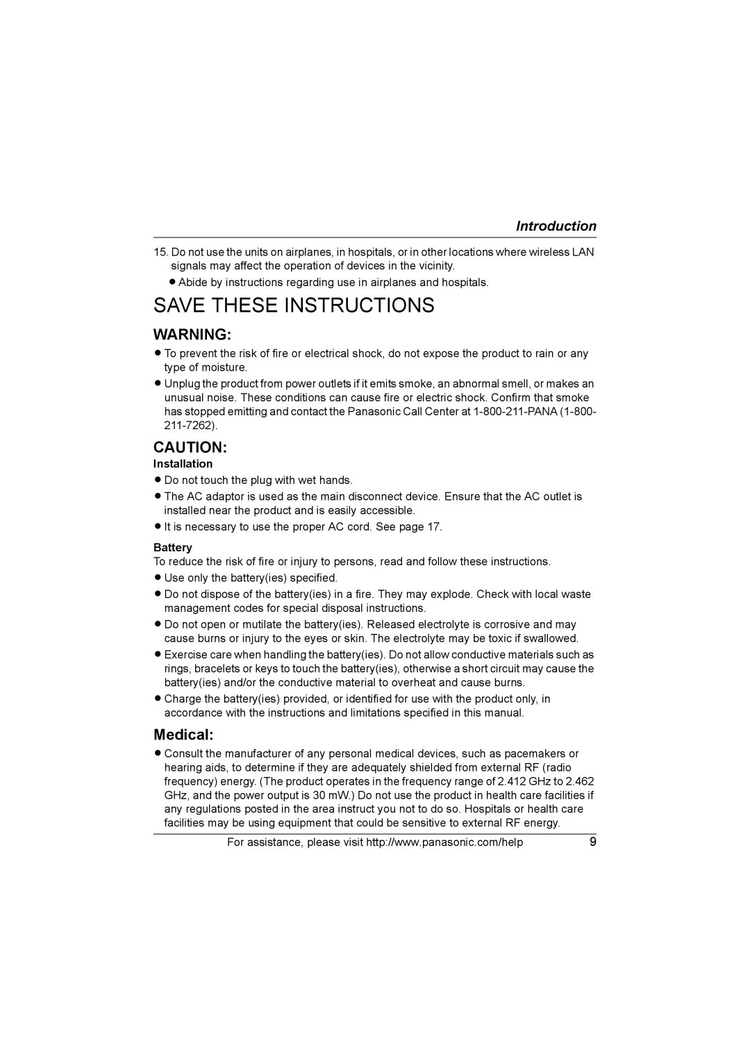 Panasonic KX WP1050 operating instructions Installation, Battery 