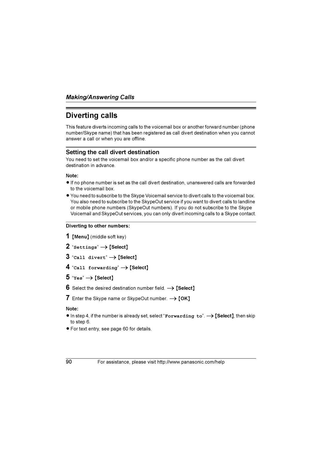 Panasonic KX WP1050 Diverting calls, Setting the call divert destination, Diverting to other numbers, Yes iSelect 