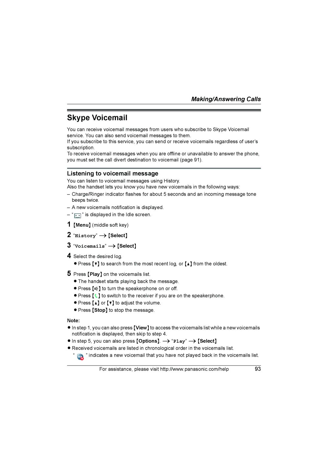 Panasonic KX WP1050 Skype Voicemail, Listening to voicemail message, History iSelect Voicemails iSelect 