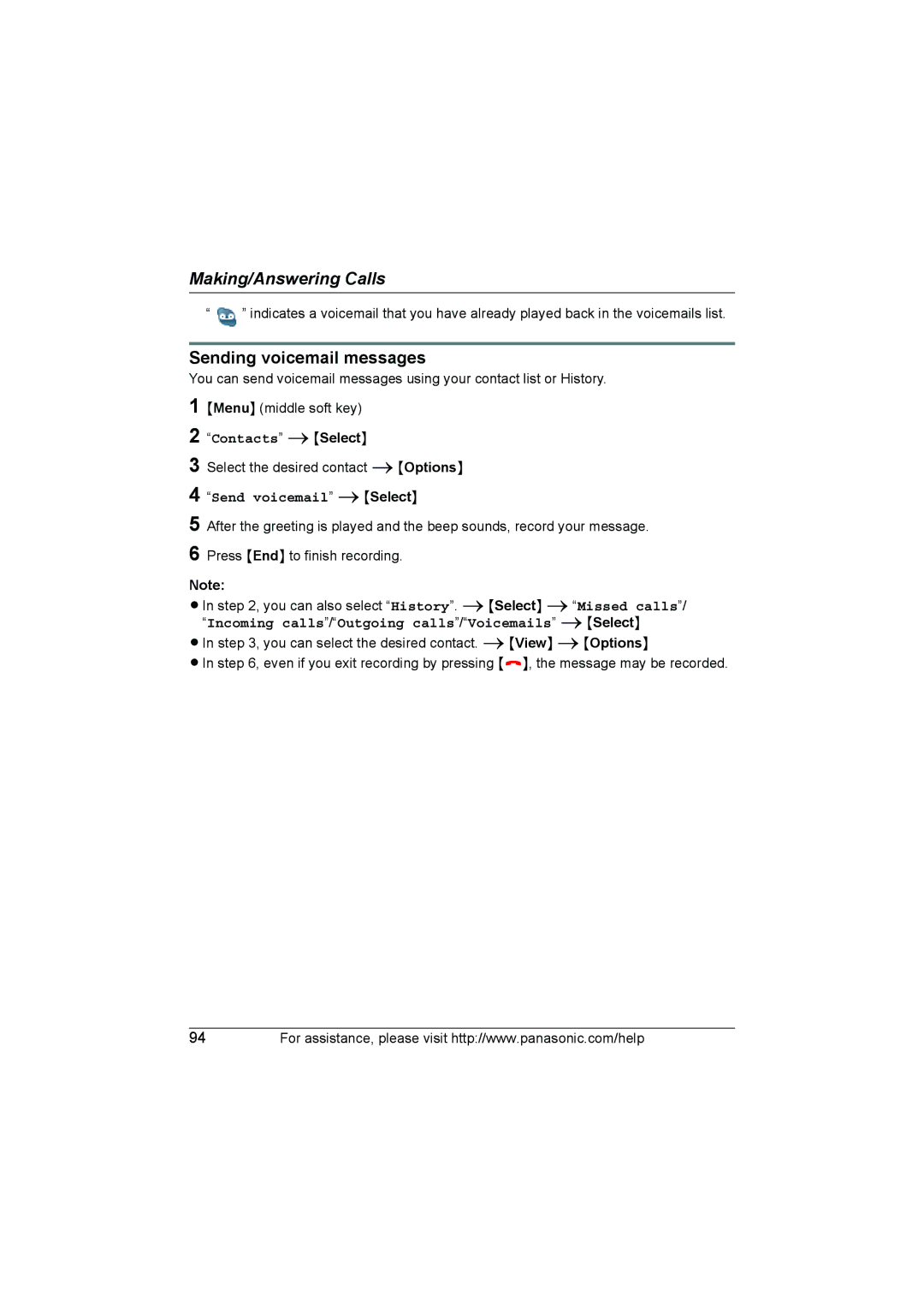 Panasonic KX WP1050 operating instructions Sending voicemail messages, Send voicemail iSelect 