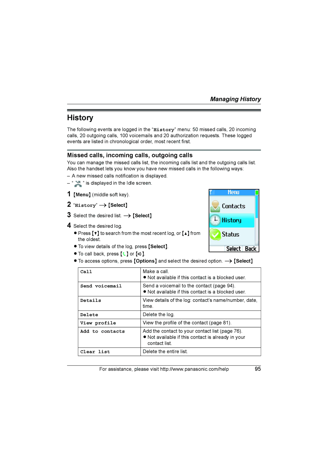 Panasonic KX WP1050 operating instructions History, Missed calls, incoming calls, outgoing calls 