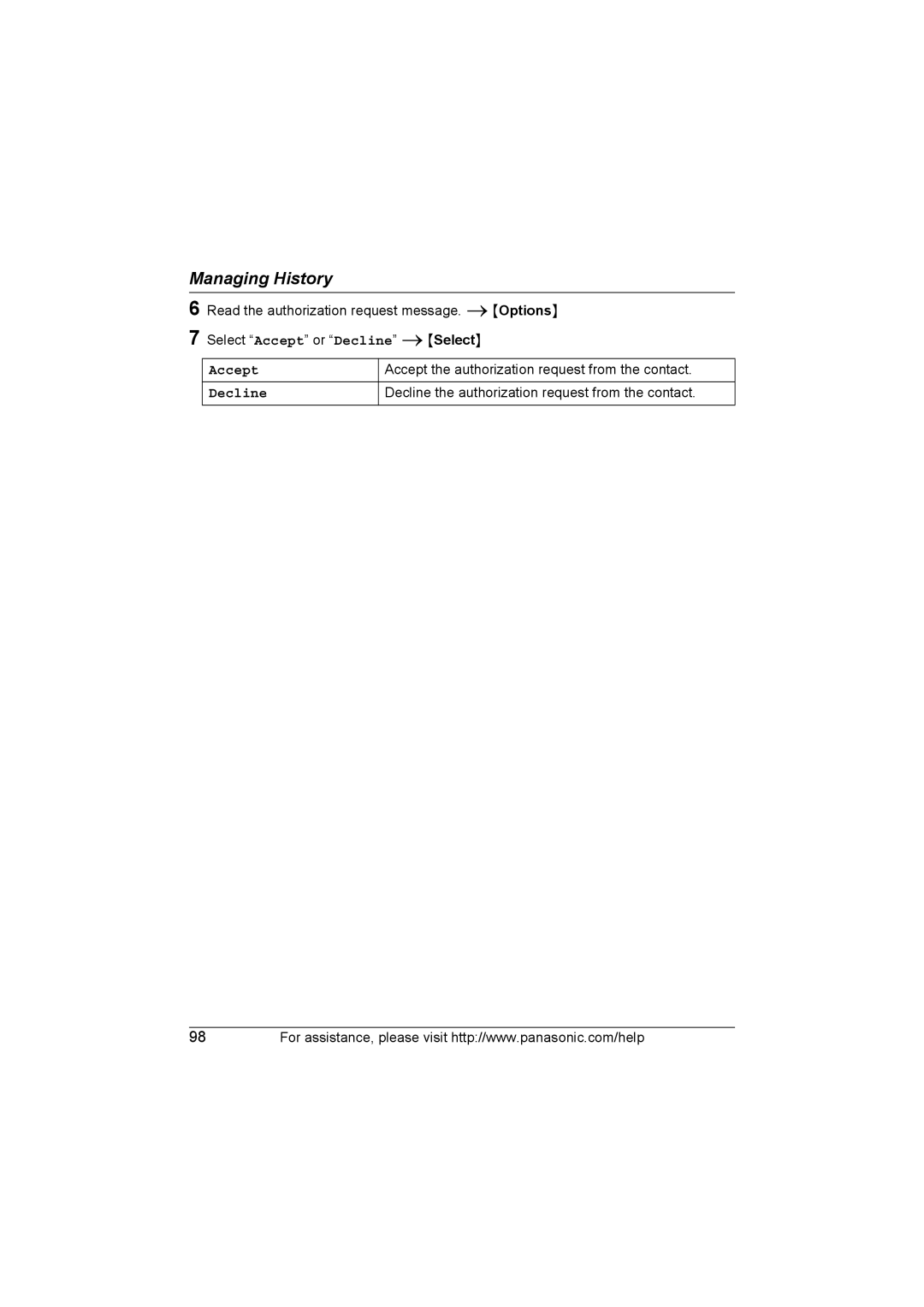 Panasonic KX WP1050 operating instructions Accept, Decline 