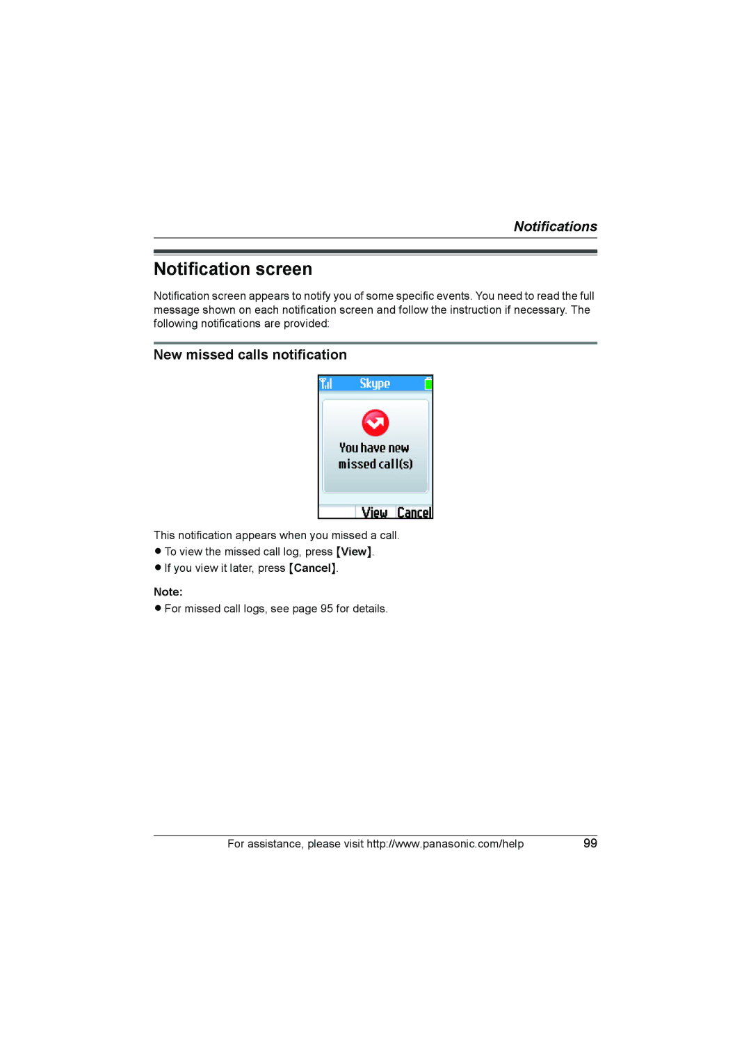 Panasonic KX WP1050 operating instructions Notification screen, New missed calls notification 