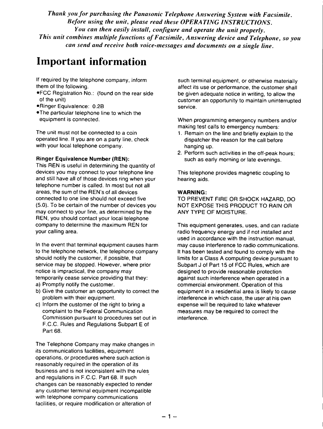 Panasonic KXF110 manual 