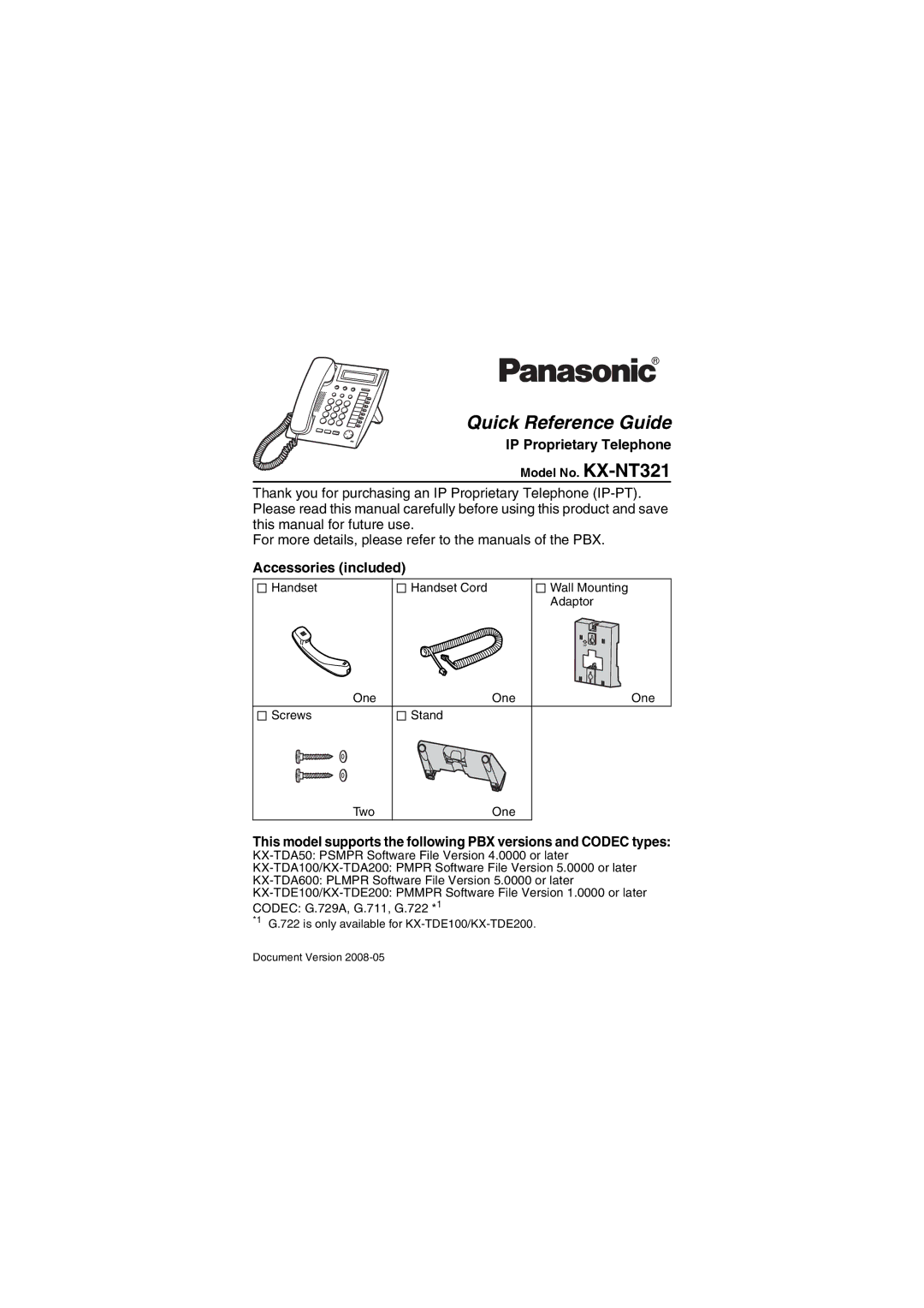 Panasonic KXNT321 manual IP Proprietary Telephone, Accessories included, Model No. KX-NT321 