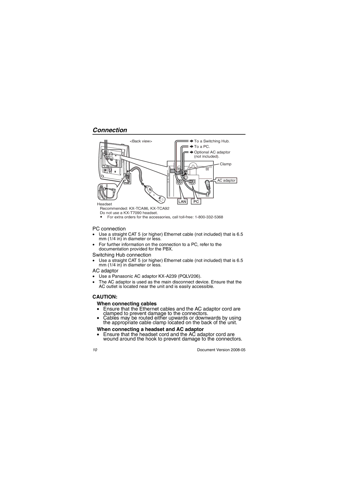 Panasonic KXNT321 manual Connection, When connecting cables, When connecting a headset and AC adaptor 