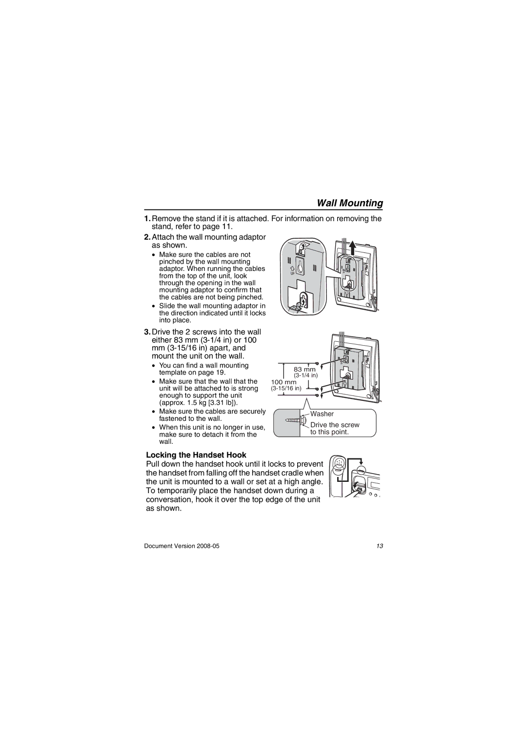 Panasonic KXNT321 manual Wall Mounting, Locking the Handset Hook 