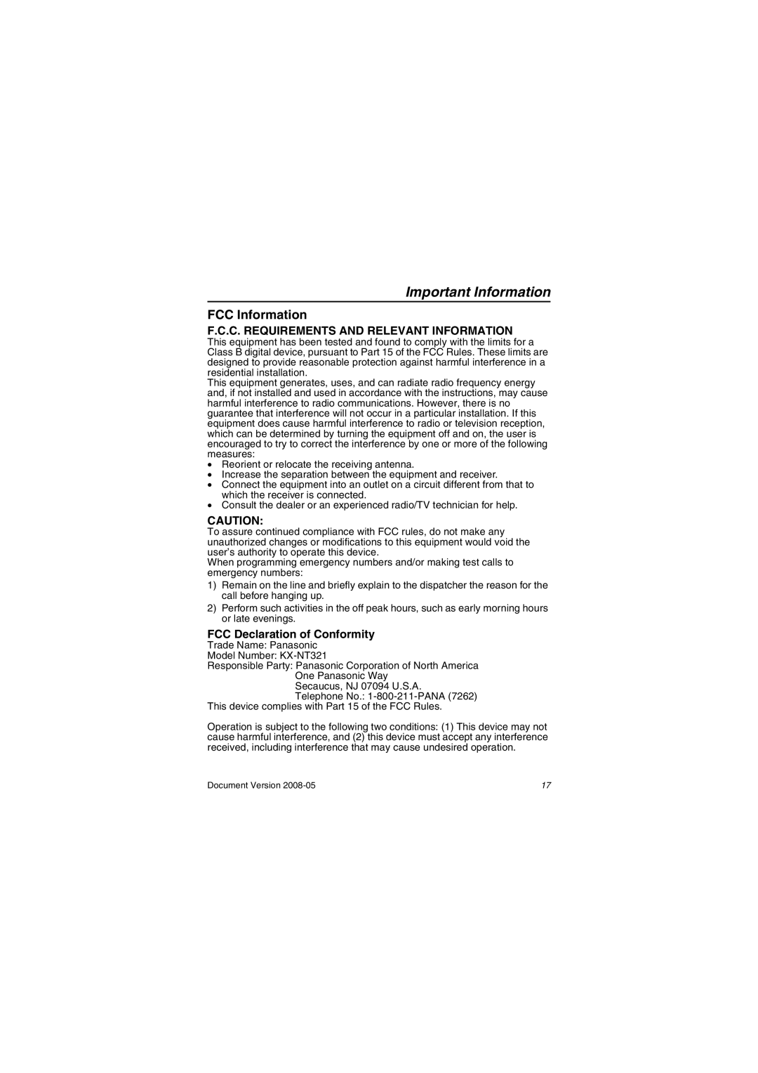 Panasonic KXNT321 manual FCC Information, FCC Declaration of Conformity 