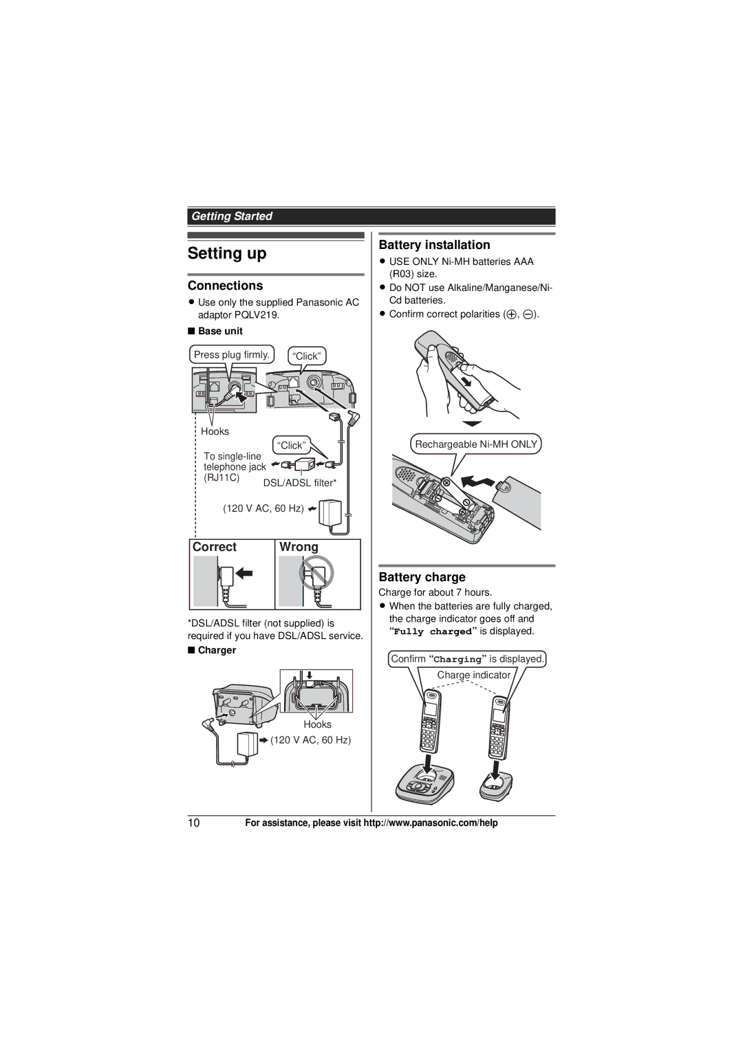 Panasonic KX-TG4052, KXTG4031B, KX-TG4053 Setting up, Connections, Correct Wrong, Battery installation, Battery charge 