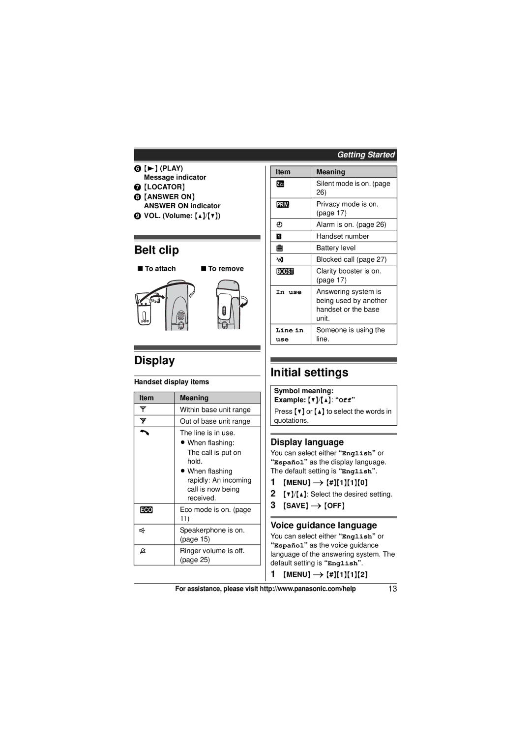 Panasonic KX-TG4032, KXTG4031B, KX-TG4053 Belt clip, Initial settings, Display language, Voice guidance language 